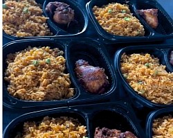 Tasty jollof rice with spicy chicken